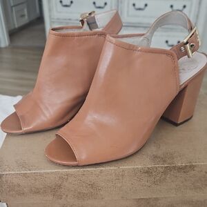 Vince Camuto Tan Peep-Toe Block Heels